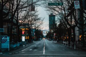 evening view of Robson Street in Vancouver in winter